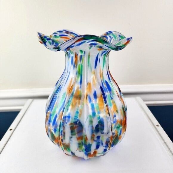 Primary image for Ruffle Top Confetti Splatter Vintage Art Glass Vase