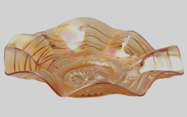 Ruffled Carnival Glass Bonbon Dish Floral And Wave Pattern 7 Inch Pristine - $21.49