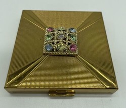 Vintage Volupte Gold Tone Compact with Mirror Powder Pad Rhinestone Read - £29.88 GBP