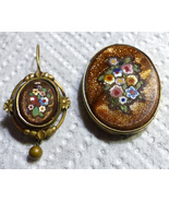 Victorian 1870s Pietra Dura Goldstone Brooch &amp; Matching 10K Gold Earring - £39.15 GBP
