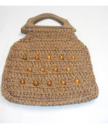 Vintage 1970&#39;s Hand-made Brown Crocheted Macrame Purse Wooden Handles An... - €29,17 EUR