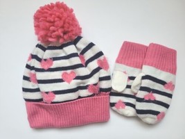 Baby GAP Set 2 PC Girls Hat Mittens Pink Black Stripe Hearts Knit New s/m 2t-3t - £16.97 GBP