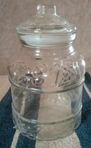 Vintage KIG Indonesia Clear Glass Cookie Jar Embossed Fruit Canister + Lid 11&quot; - £35.42 GBP