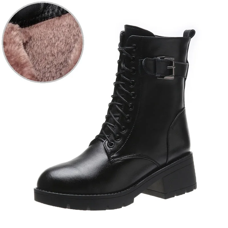 New Women Thick Heel Snow Boots Winter Warm Wool Fur Mid Calf Boots High Quality - £61.67 GBP