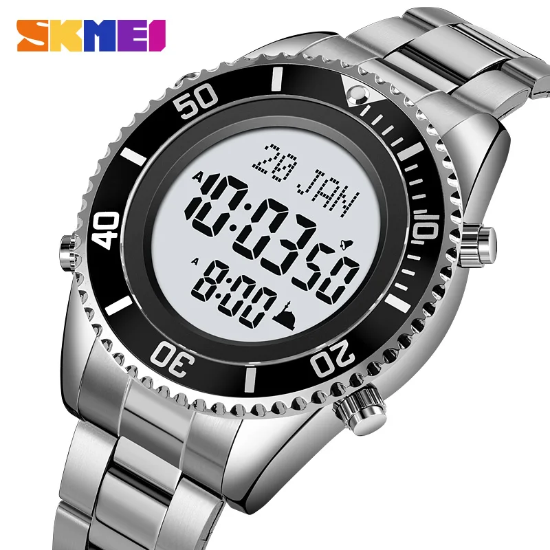 Watch  New Back Light Digital  Mens Stainless Steel Muslim Azan Prayer Comp Cloc - £50.74 GBP