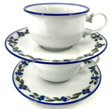 Dansk Wild Flowers Blue Cup &amp; Saucer Japan Floral 3 1/4&quot; Set of 2 Green Leaves - £23.68 GBP