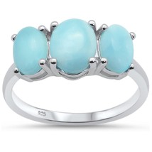 Sterling Silver Natural Larimar Oval Three Stone Ring - £27.67 GBP