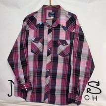 VTG 90s Wrangler Pink Black Plaid Snap Western Rodeo Cowboy Cut Tail Shirt 19 36 - $29.03