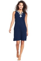 Lands End Women&#39; Cottom Jersey Tunic Dress Cover-up Deep Sea Embroidery New - $29.99