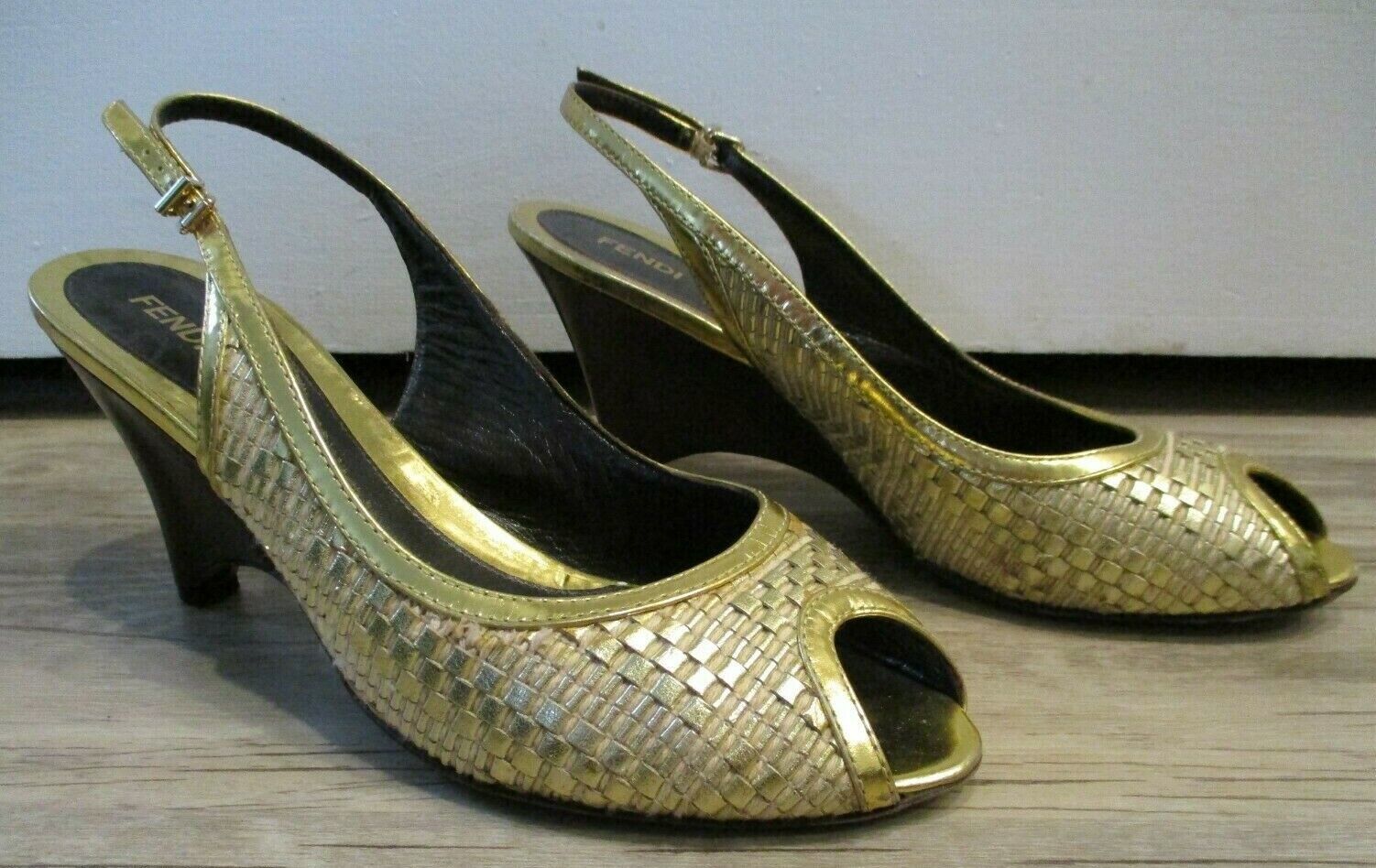 FENDI Gold Metallic Woven Slingbacks with Wooden Wedge - Size 41 - $89.99