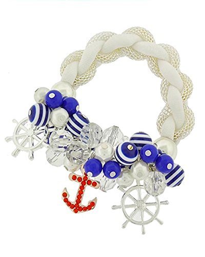 Primary image for Blue White Stripe Red Crystal Anchor Charm Beaded Stretch Bracelet Auralee & ...