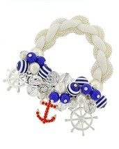 Blue White Stripe Red Crystal Anchor Charm Beaded Stretch Bracelet Aural... - £15.92 GBP