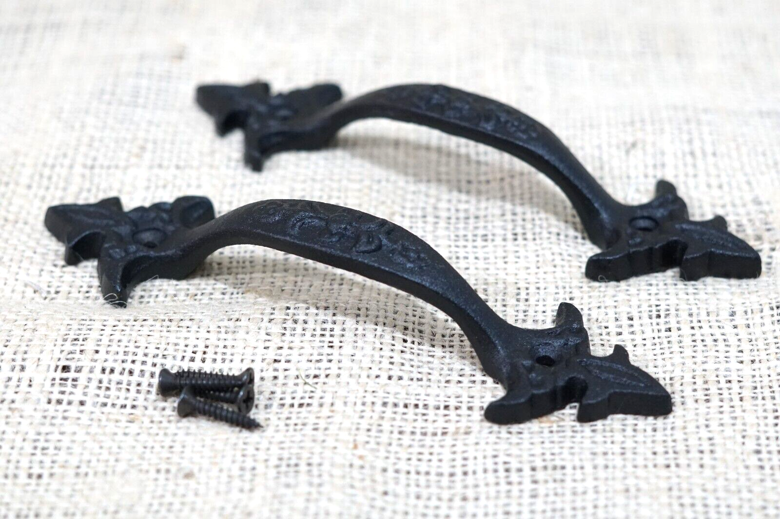 2 Cast Iron Black Handles Gate Pull Shed Door Barn Handle Fancy Drawer P... - $11.99