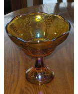 Vintage Marigold Carnival Iridescent Glass Grape Leaf Pedestal Bowl - £47.76 GBP
