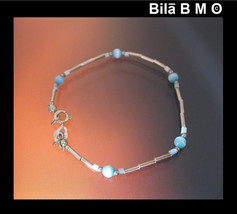 Vintage STERLING Silver BRACELET with Opalescent BLUE Beads - 7 inches - £16.07 GBP