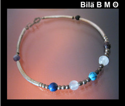 Vintage STERLING Silver BRACELET with Lapis, Turquoise, Onyx, and Amethy... - $28.00