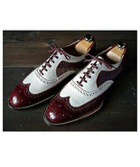 Handmade Men&#39;s Leather Maroon White Spectator Wing Tip Brogues Oxfords S... - £186.57 GBP