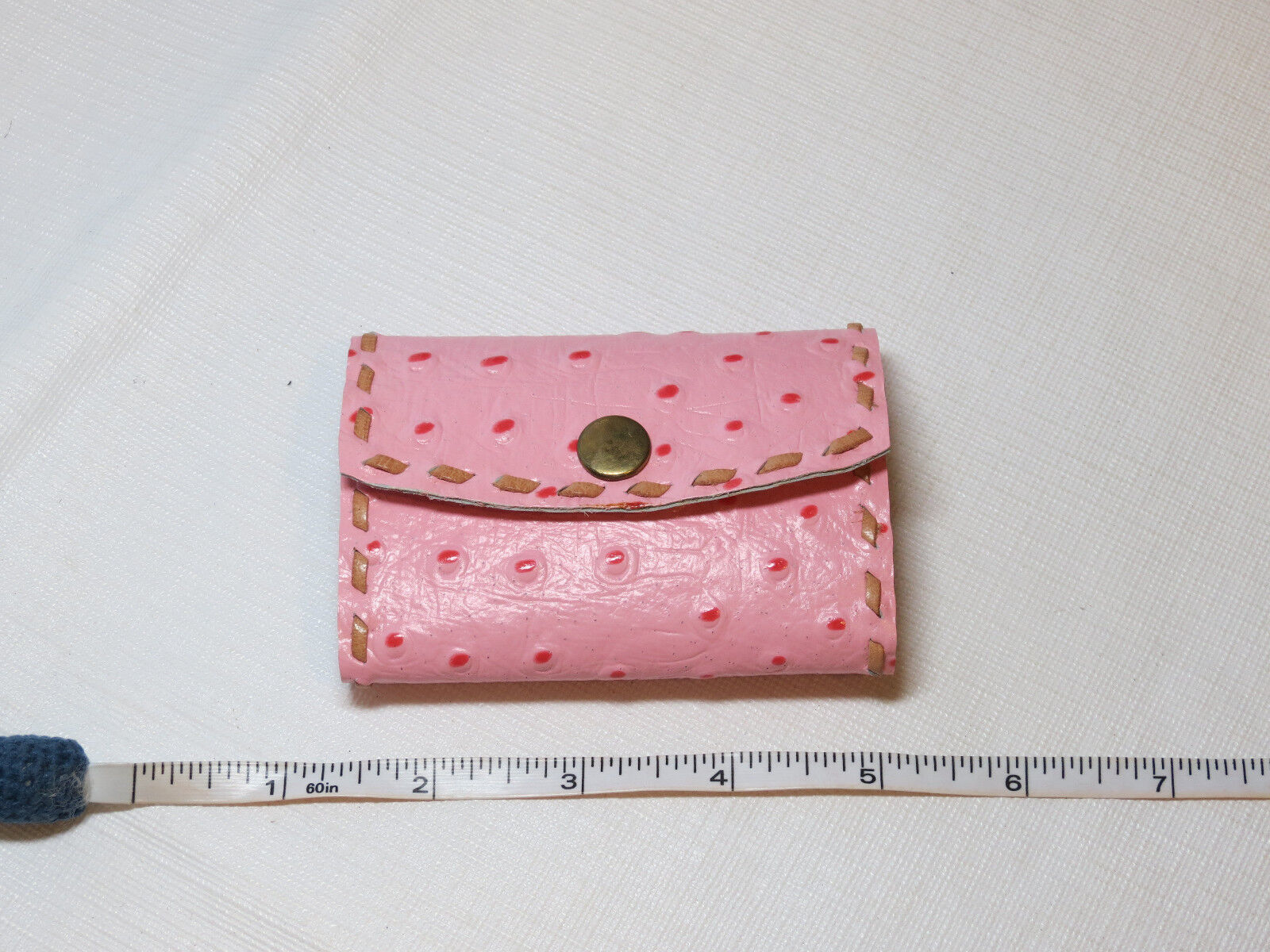 Primary image for Handmade leather key holder pink w/ tan stitching 3.5" X 2.5" ostrich print