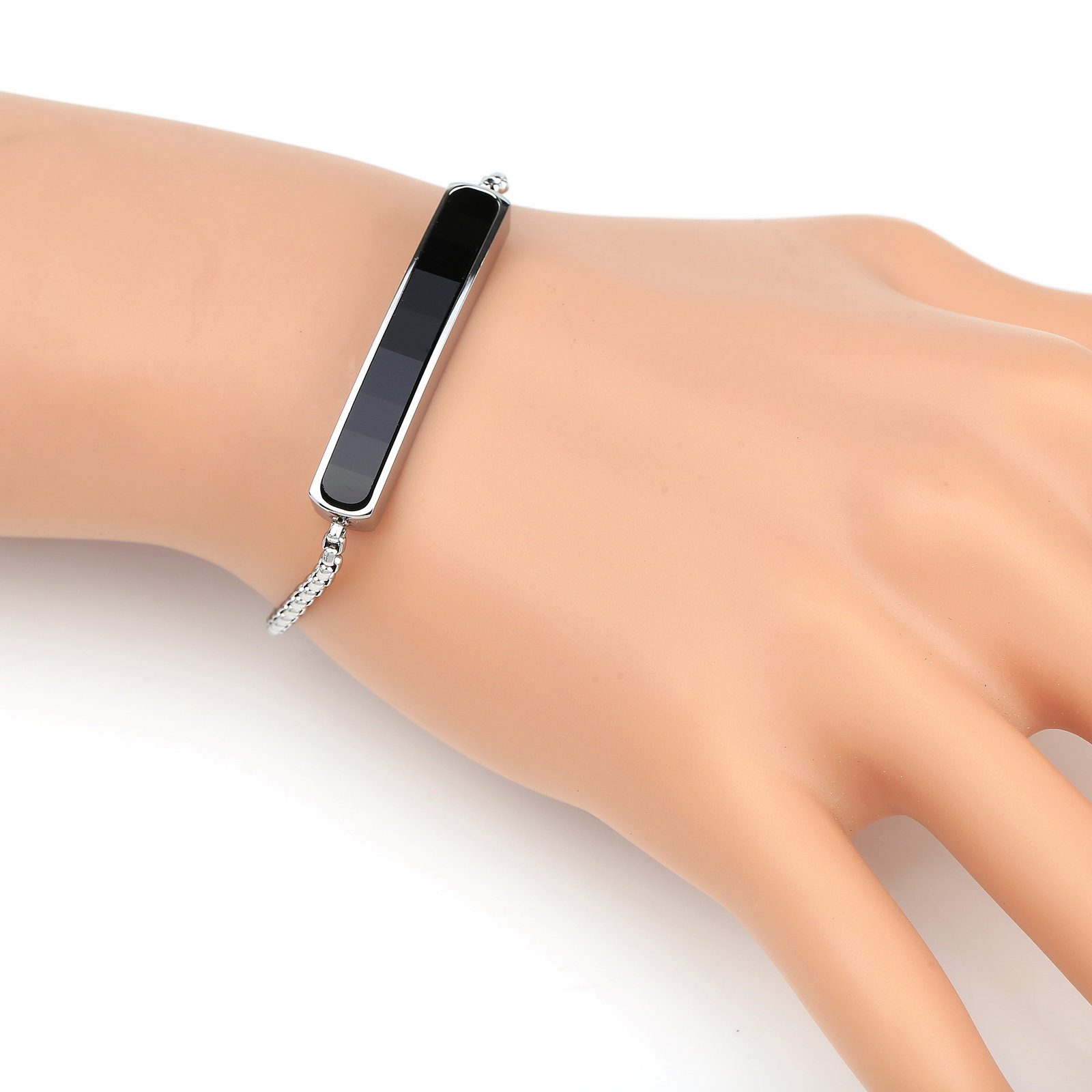 Silver Tone Bolo Bar Bracelet With Striking Jet Black Inlay