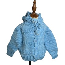 Vintage Handmade Knit Hooded Sweater 6-7 Blue Button Up Cardigan Puff Balls - £21.91 GBP