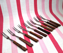 Mid Century 10pc Walnut 2 Tine Stainless Hors d&#39;oeuvre Forks or Cocktail Picks - £8.92 GBP