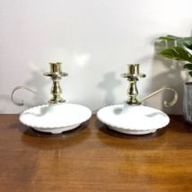 Vintage Milk Glass Candle Holders with Brass Handles 6&quot; Set of Two - £30.73 GBP