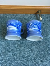 Currier And Ives Blue W Gold Trim 8 Oz Coffee Mugs (2)  HOMESTEAD IN WINTER - $261.34 MXN