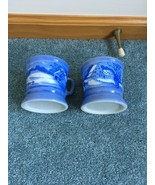 Currier And Ives Blue W Gold Trim 8 Oz Coffee Mugs (2)  HOMESTEAD IN WINTER - $261.34 MXN