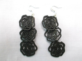 3 Black Rose Flowers Long Dangle Chandelier Fashion Gothic Dangling Earrings - £11.98 GBP