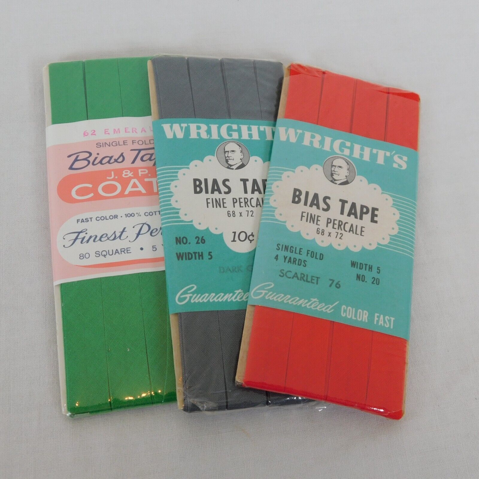 Wrights J P Coats Lot of 3 Single Fold Bias Tape Binding Emerald Dk Grey Scarlet - $7.85