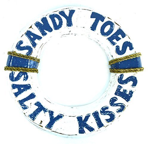 12" Hand Carved Lifesaver Buoy Sandy Toes Salty Kisses Cute Sign White Wash - $24.69