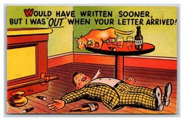 Comic Drunk Man On Floor Out When Letter Arrived UNP LInen Postcard Q19 - £3.87 GBP
