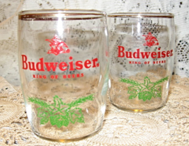Budweiser King of Beers-Barrel Tumblers-Red-Green-Gold Rim-Set of 2-60&#39;s - £7.84 GBP