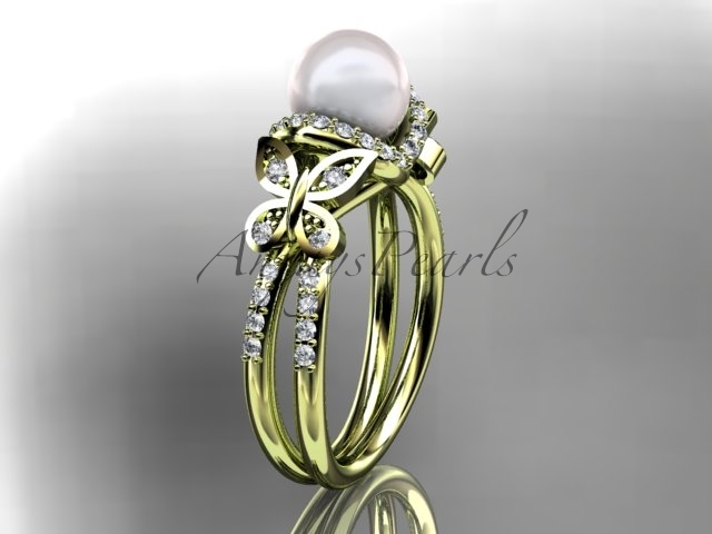 14kt yellow gold diamond pearl engagement ring, butterfly wedding ring AP141 - $1,545.00