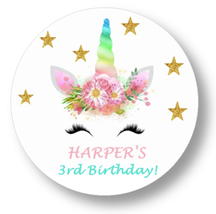 12 Unicorn Face Party Stickers 2.5&quot; Birthday Favors Labels rainbow perso... - £9.40 GBP