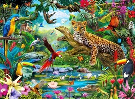 Framed canvas art print giclée exotic Jungle animals birds leopard parrot garden - £31.30 GBP+