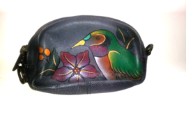 Anuschka Coin Key Purse Bird Flowers Hand Painted Black Leather Lined Signed - £19.30 GBP