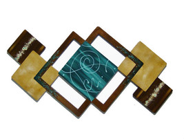 New Dark Teal/Green shade- and Brown Wooden Geometric Abstract Floral Wall Sculp - £162.38 GBP