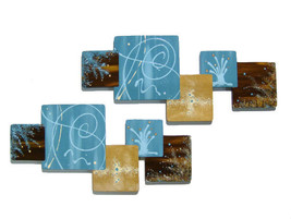 New 2pc Wooden Painted Turquoise &amp; Brown Abstract Squares Wall Sculpture hanging - £143.35 GBP