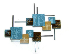 2pc Wooden Painted Turquoise &amp; Brown Abstract Floral Squares Wall Sculpture with - £199.11 GBP