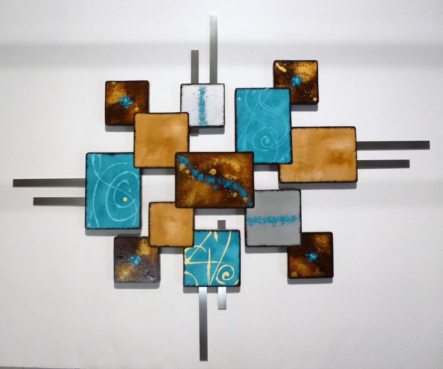 Turquoise & Brown Wood with metal Wall Sculpture 60x50 by Alisa  - $549.99