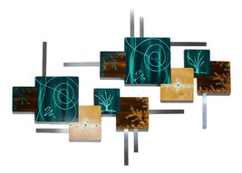 HUGE and Beautiful Contemporary Abstract Floral Design Dk Teal, Aqua &amp; Brown Woo - £336.77 GBP