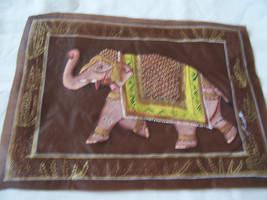 Beige Hand Painted Bedecked &amp; Festooned Elephant On Brwn Silk To Frame Or Pillow - £10.15 GBP