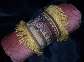 2 French Tapestry &amp; Pink Moire Velvet Bolster Pillows W/ Gold Bullion Fringe - £103.91 GBP