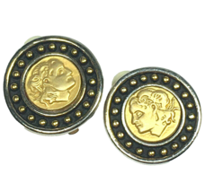 Roman Cameo Coin Black Silver &amp; Gold Tone Clip On Costume Earrings - £17.30 GBP