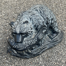 Vintage Aardvark Canada Bear with Fish Carved Soapstone 7&quot; x 4 3/4&quot; - £38.74 GBP