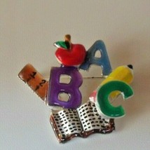 Vintage Signed AJMC Enamel ABC Brooch School Ruler Apple Pencil Book - £11.72 GBP