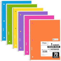 Mead Spiral Notebooks, 6 Pack College Ruled Paper, 8&quot; x 10-1/2&quot;, 70 Sheets - $17.82