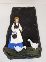 Hand Painted Slate Wall Hanging Folk Art Unfinished Craft Girl &amp; Geese 10x6&quot; - £8.95 GBP