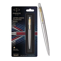 Parker Jotter Stainless Steel Gold Trim Ball Pen| Ink Color - Blue, Corporate Gi - £12.17 GBP